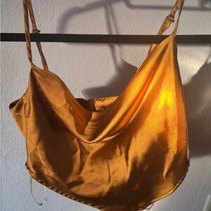 Bronze Gold Satin Strapped Cowl Neck Halter Cami Crop Top